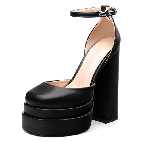 FEMSTEP Women's Chunky Platform High Heels Closed Round Toe Block Heel Pumps Ankle Strap Wedding Party Dress Shoes