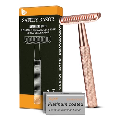 Single Blade Razors for Women, Stainless Steel Safety Razor with 10 Double Edge Blades, Reusable Metal Razor, Smooth Close Gentle Shave, Plastic Free, Rose Glod