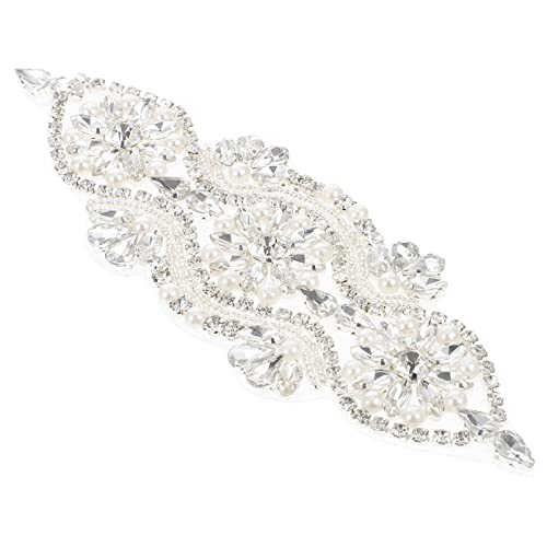 Amosfun Rhinestone Flower Applique Patch Wedding Bridal Dress Belt Embellishment Beaded Sewing Patch for DIY Clothing Wedding Belt Shoes Decor Silver