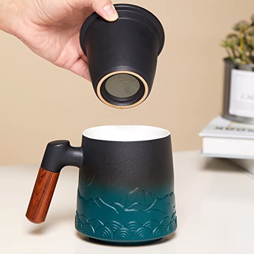Zens Tea Cup With Infuser And Lid, 16.8 Ounces Gradient Embossed Large Loose Tea Mug, Rosewood Handle Ceramic Tea Steeping Mug For Gifts, Black & Green #TOP3