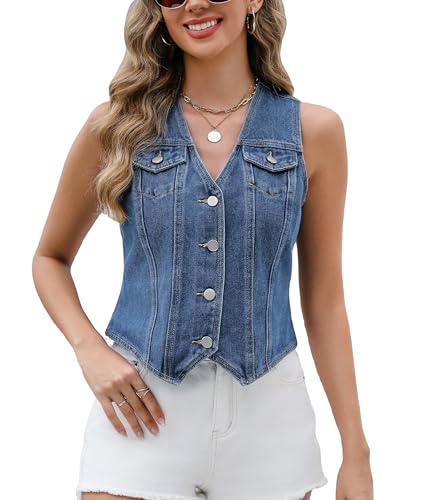 Ladyful Denim Vest Top for Women V Neck Jean Vest Waistcoat Button Down Sleeveless Crop Denim Top