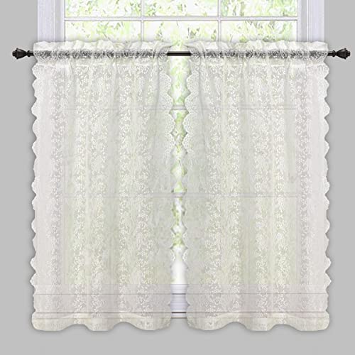 H.ebony 2 Panels Ivory Lace Tier Curtains 36 Inch Length - Vintage Rose Lace Floral Farmhouse For Small Windows, Short Lace Cafe Curtains For Kitchen, W25 X L36 Inch, Beige #TOP1