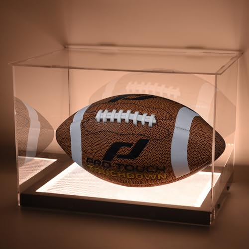 LuxRound Football Display Case with Built-in Dimmable LED Lights Clear Acrylic Football Display Holder Box, UV-Protective Dust-Proof, Lighted Football Memorabilia Display Case