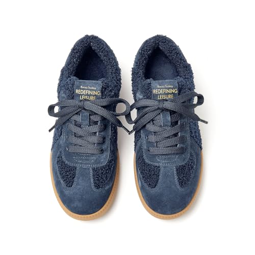 BEAU TODAY Sneaker Boots for Women,Fur Lined Winter Shoes for Women,Comfortable Platform Leather Retro OG Sneakers,Slip-on Tennis Runnig Trainer Shoes