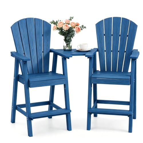 Tall Adirondack Chairs Set of 2 Bar-Height Adirondack Chair Set 2 with Remouvable Connecting Tray & Umbrella Hole Blue HDPE Balcony Chair for Patio Balcony Garden Adirondack Pub Set