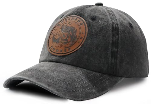 Image of Weekend Hooker Hat for Men Women, Vintage Cotton Fish Decor Leather Patch Baseball Cap for Fishing Lovers Dad Mom