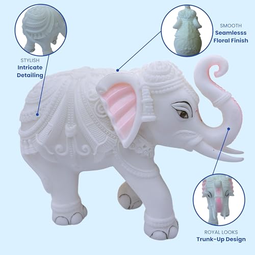 Elegant White Jumbo Elephant Statue Trunk Up | Handcrafted Marble Dust Decorative Piece for Prosperity Good Fortune | Impressive Housewarming & Diwali Gift (8 x 10.5 inch) — photo — 2 of 9