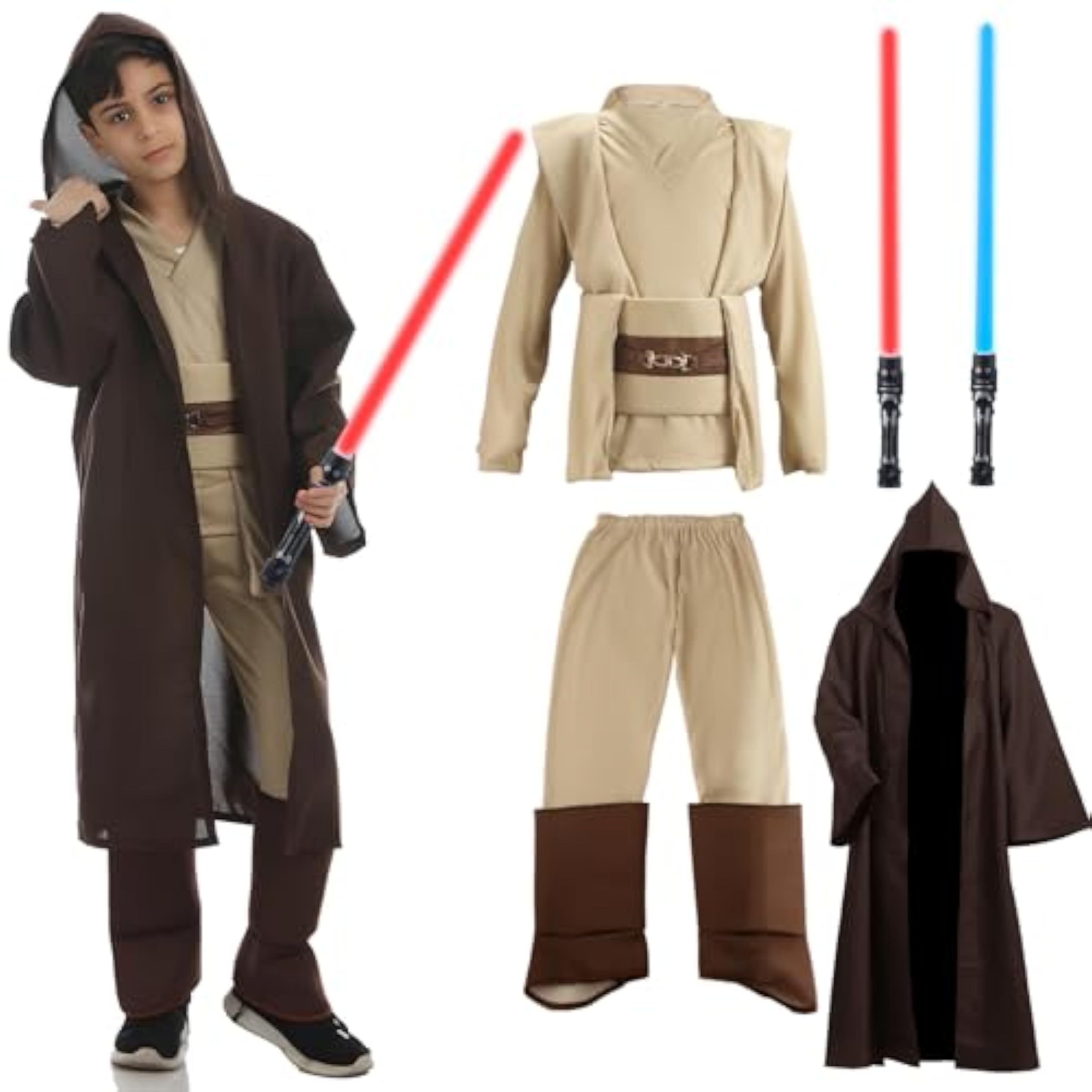 Aitsite Disfraz Je-d Niños, Disfraz de Túnica con Capucha Cinturón Sable de luz Rojo y Azul, disfraz Cosplay de Halloween Carnaval(Marrón 150)
