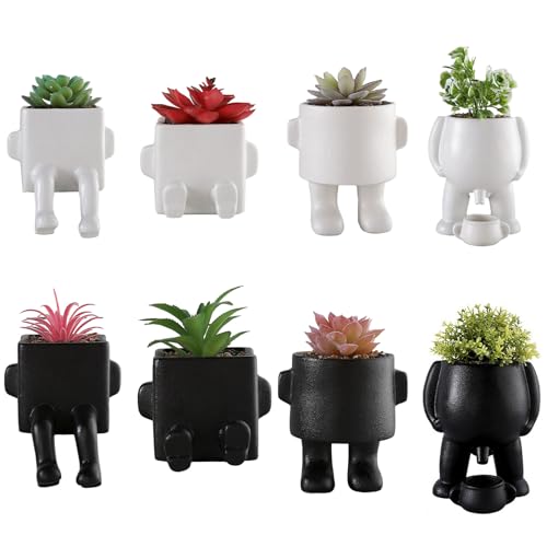 MISNODE Fake Succulents Plants with Human Shaped Ceramic Pots, Cute Small Fake Plant, Artificial Fake Plant, Artificial Greenery Desk Plants for Office Home Table Shelves Decor(Black C) - Image 4
