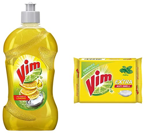 Image of Vim Dishwash Liquid Gel Lemon, With Lemon Fragrance, 500 Ml Bottle & Anti Smell Bar, Pudina, Removes Tough Food Smells From Utensils 250 G