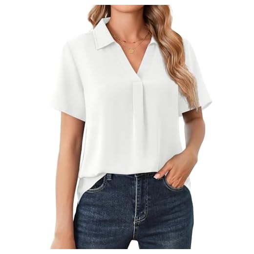 Beluring Bluse Damen Elegant V-Ausschnitt Tunika Hemdbluse Sommer Kurzarm Shirts Weiß L
