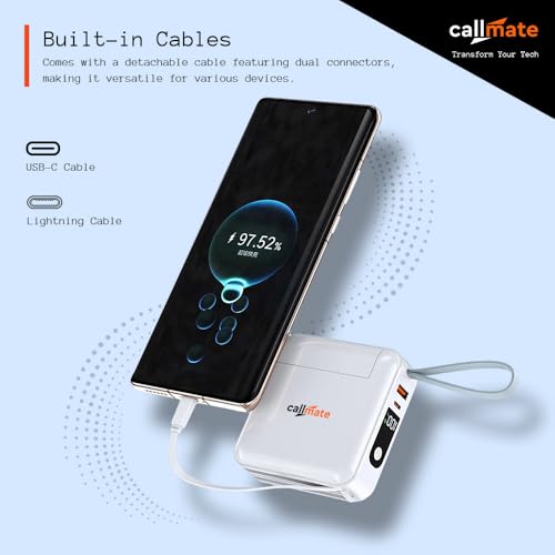 Image of CALLMATE Globetrotter 23W PD Fast Charging 10000mAh Power Bank with Built-in Charger (2.4A), USB-A QC 3.0 & USB-C PD Output Port with Built in Cable (Light-ning & Type C) (White)