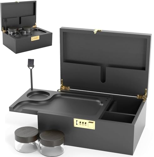 UkGlass Large Bamboo Wooden Stash Box with combination Lock, Rolling Tray and Glass Storage Jars - Wood Storage Rolling Set with Lock and Smoking Accessories Kit (Black Wooden Stash Box)