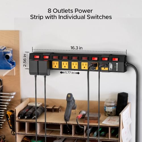 CRST 8-Outlet Metal Power Strip with Individual Switches, 1.77" Wide Spacing for Bulky Plugs, 1200J Surge Protector, 6FT Cord & Mounting Brackets for Home & Workshop (15A/1875W)