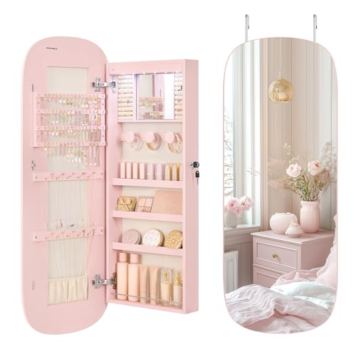 Image of SONGMICS Jewelry Organizer, LED Jewelry Cabinet Wall /Door Mounted, Lockable Rounded Wide Mirror with Storage, Interior Mirror, 3.9 x 16.5 x 42.5 Inches, Jelly Pink Surface with Cream White Lining