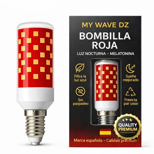 MY WAVE DZ Luz Roja Nocturna Melatonina E14 | Bombilla LED Roja para Dormir sin Luz Azul | Sin Flicker | A60