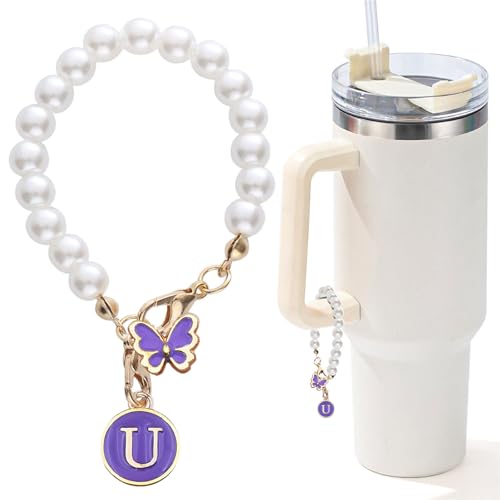 Image of Letter Charm for Stanley Cup,Pearl Chain Accessories Stanley Cup Initial Charms for Handle Stuff Decor Water Bottle Jewelry Tumbler Cute Personalized Name ID Decorations Purple Tag U
