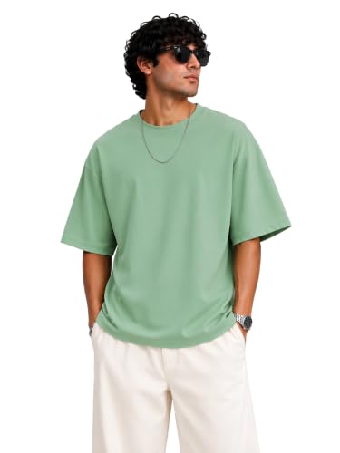 Image of PeaceOut Oversized T Shirt for Men | 240 GSM Heavyweight Cotton T Shirt | Drop Shoulder Oversized Tshirt for Men | Baggy Loose Fit Streetwear Round Neck Half Sleeve Casual Wear