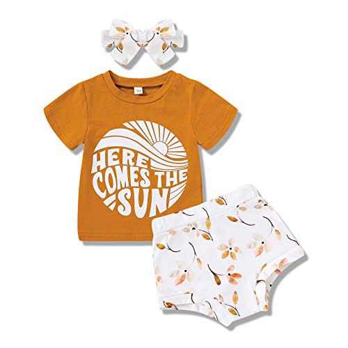Newborn Baby Girl Clothes T-Shirt Top Leopard Pant with Headband 3PCs Summer Clothes Set (Brown-Here Comes The Sun, 0-6 Months)