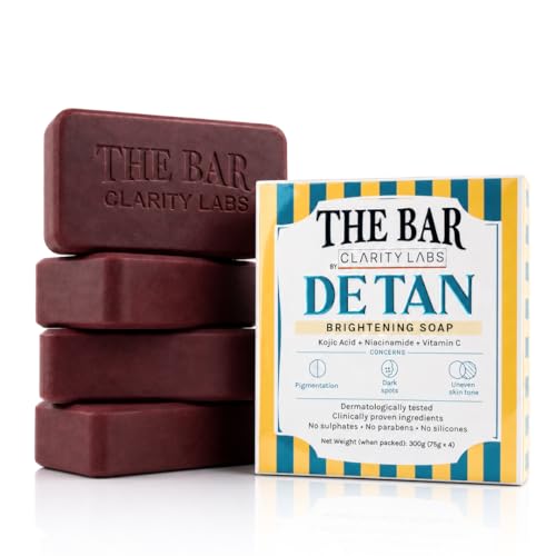 Clarity Labs | DETAN BRIGHTENING SOAP | (Pack of 4) | Tan Removal | KOJIC ACID SOAP | Niacinamide | Vitamin C Kojic | Dark Spot Removal | Even Skin Tone | Glowing Brighter Skin | Reduces underarm pigmentation