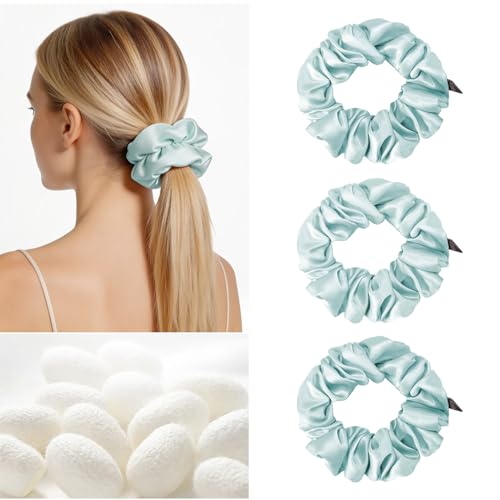 Image of THXSILK 100% Mulberry Silk Chunky Scrunchies 3-Pack, 25 Momme Mulberry Silk Hair Ties for Women, Thick Voluminous No Damage Hair Ties, Ponytail Holders for All Hair Types, Ice Blue