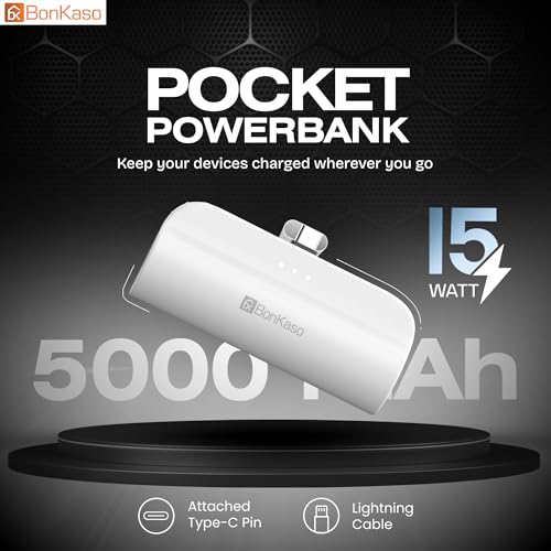Image of BonKaso 5000mAh Mini Power Bank 15W PD Fast Charging, Built-in Type-C & i5 Cable, USB-C Input /Output, LED Indicator, Mobile Stand, Compact Pocket Portable Charger for iPhone & Android - White
