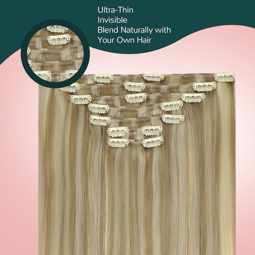Image of Easyouth Clip in Extensions Highlight Real Hair Extensions Clip in Human Hair Dark Ash Blonde Highlights Golden Blonde Clips in Human Hair Extension Add Length and Volume 7Pcs 120G 22 Inch