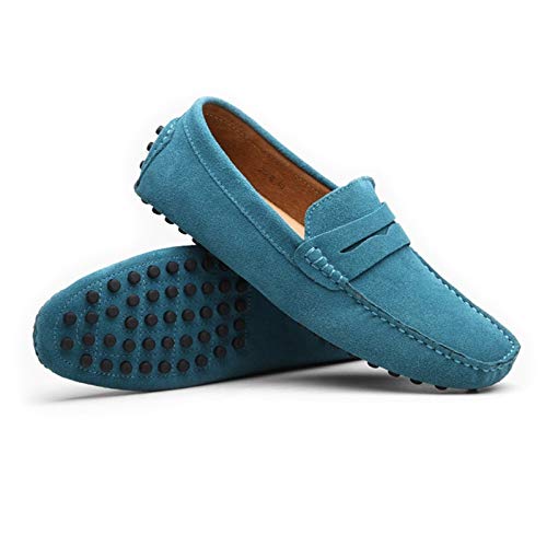 Penny Loafer for Men Square Apron Toe Slip On Driving Shoes Stitching Nubuck Leather Anti Slip Rubber Sole with Grips Solid Color(Blue,10 M US)2