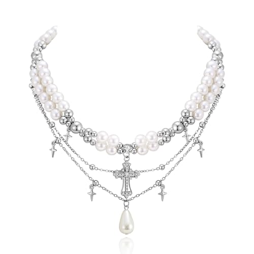 LILIE&WHITE Goth Cross Necklace For Women Boho Pearl Necklace Fashion Gothic Jewelry Layered Emo Necklaces Terndy Halloween Chunky Silver Necklaces Wear For Daily Or Party Wear