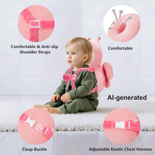 Image of Baby Head Back Protector Backpack Toddler Safety Protector Cushion Pad Soft, Adjustable and Lightweight Design for Safe Walking and Crawling Toddlers Girls and Boys(Pink Butterfly)