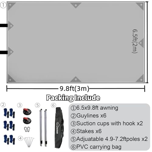 DANCHEL OUTDOOR Portable Suction Cups Car Awning Overland Camping, Needn't Roof Rack Mounting, Waterproof Vehicle Camper Awning Tarp for SUV Truck, 7.7lbs 6.5ftx9.8ft Gray
