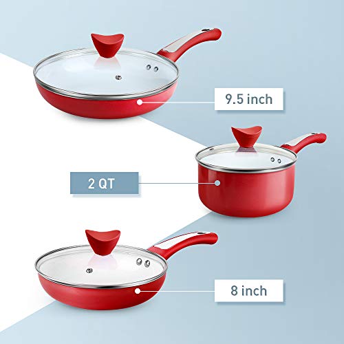 SHINEURI 6 Pieces Nonstick Pots and Pans Set - Ceramic Cookware Set with Stay Cool Handle & Lid Cookware for Induction, Gas, Electric and Stovetops (6 pieces, Red) 4 Gallery Image