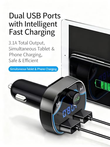 Image of Bluetooth FM Transmitter Car Adapter with LED Voltage Display, Hands-Free Calling, Dual USB Car Charger, Supports MP3, Radio, TF Card, USB Disk Playback