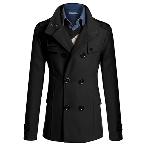 Qolkmuiy-GJ Men's Stand Collar Wool Blend Jacket 2 Breasted Short Wool Jackets Trendy Casual Winter Pea Coat (Black,XX-Large)