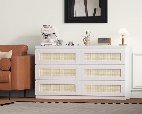 Garvee Modern Rattan 6-Drawer Dresser for Bedroom - Slim Wooden Chest of Drawers, Durable Freestanding Storage Organizer Cabinet for Living Room and Entryway, White