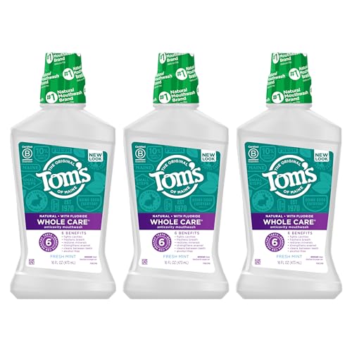 Image of Tom's Of Maine Whole Care Natural Fluoride Mouthwash, Fresh Mint, 16 Oz (Pack of 3) (Packaging May Vary)