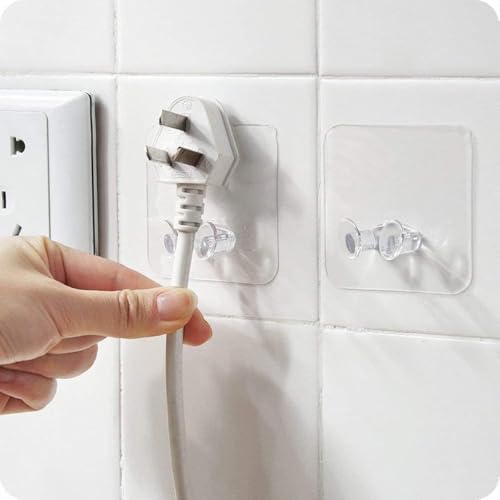 Image of 10 Pack Self Adhesive Transparent Plug Hooks Multi-Purpose Wall Mounted Power Plug Holder & Photo Frame Hanging Hooks Free No Drill Utility Stickers for Keys Kitchen Bathroom Bedroom
