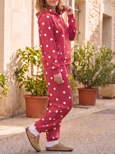 Fisoew Womens Polka Dot 2 Piece Sets Long Sleeve Hooded Tops Jogger Pants - 3