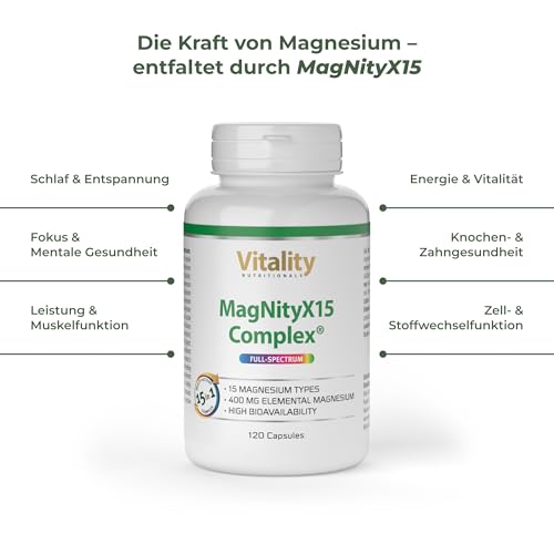 Magnesium Komplex MagNityX15 15 Magnesiumverbindungen inkl. Magnesium Bisglycinat Citrat & Malat 400 mg pro Tagesdosis 120 Kapseln Muskeln Knochen Nerven Vitality Nutritionals by Vitamin Express