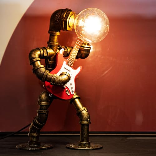 Image of Music Guitar Table Lamp Art Decor ,Steampunk Table Lamp,Retro Guitars Steampunk lamp,Cool Industrial Metal Tube Robot Lamp Guitar Stuff Present for Men Music Lovers