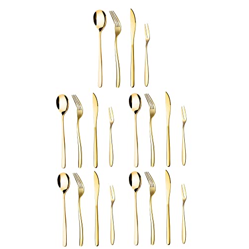 Image of aDai Set of 20 Luxury Gold Cutlery Set - Daily Use Stainless Steel Mirror Finish - 5 Dinner Spoon, 5 Fork, 5 Steak Knife & 5 Fruit Fork for Home, Restaurant & Gifting