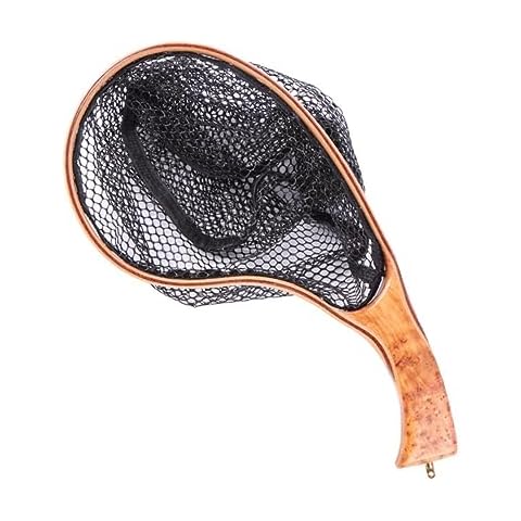dsbdrki Fly Fishing Net Landing Catch and Release Net Wooden Frame Portable Lightweight for Trout Fishing Curved Handle Fly Fishing dip net Cover