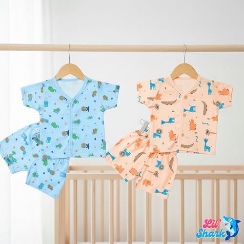 Image of Lil' Shark Baby Cotton T-Shirt & Shorts Set | 100% Pure Cotton Summer Wear for Baby Boys & Girls | Soft, Breathable Infant Casual Outfit | Printed T-Shirt with Shorts Set