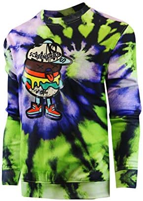 SCREENSHOT-F11080 Mens Urban Hip Hop Tie Dye Fleece Pullover Top - Hamburger Cartoon Animation Crew Neck Streetwear Sweatshirt-Neon-Large