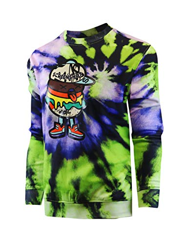 Screenshot-F11080 Mens Urban Hip Hop Tie Dye Fleece Pullover Top - Hamburger Cartoon Animation Crew Neck Streetwear Sweatshirt-Neon-Large #TOP2