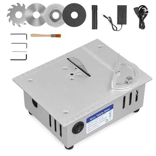 Sierra de Mesa Mini Multifunción 96W, Sierra Circular Portátil Eléctrica para Madera con 7 Posiciones de Corte y 4 Hojas de Sierra, para Bricolaje y Carpintería (A)