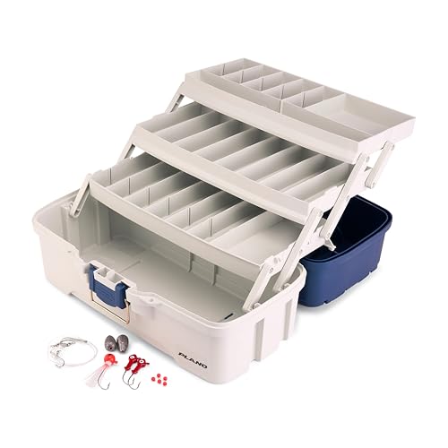 Plano Three-Tray Tackle Box Striper Kit, Blue/Grey, Rust-Proof Brass Latch, Top-Access Tray Compartments with Deep Storage, Made in the USA, Portable Fishing Gear Storage Organizer