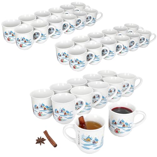 MamboCat Lot de 36 tasses à vin chaud 0,2 l blanc avec paysage de Noël coloré I tasses classiques en céramique I calibrées I Idéal pour le marché de Noël