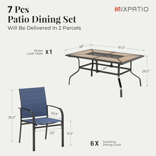 Image of MIXPATIO Outdoor Patio Dining Set 7 Piece Furniture Set with 6 Blue Textilene Chairs and Wood-Like Table Top Rectangular Table for Deck Garden Backyard Lawn Poolside