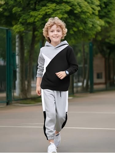 Image of Boys Clothes 2pcs Tween Boy Color Block Hoodie + Pants Little Boys Fall Winter Outfits Set, 4-12 Years